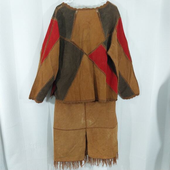 SELENE! GENUINE SUEDE LEATHER! RED, AMBER & BROWN PATCHWORK SKIRT SET! SZ 2X - Picture 6 of 12
